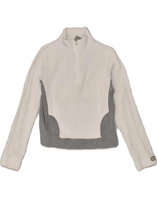 NIKE Womens Zip Neck Sweatshirt Jumper UK 8 Small White Colourblock Cotton Hoodie with Raglan Sleeves Sporty Comfortable
