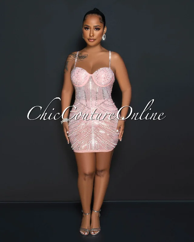 Peron Baby Pink Mesh Silver Studs Mini Dress Cozy Knit Mini Dress