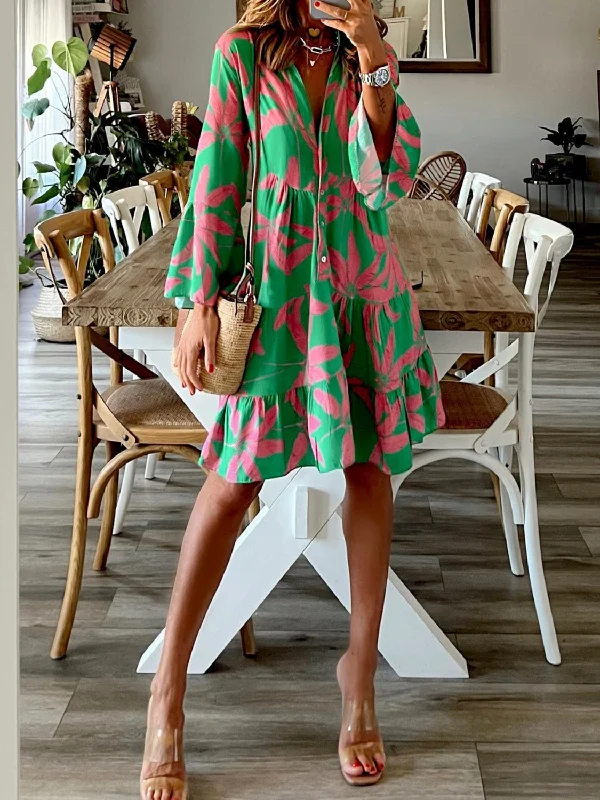 Printed Notched Long Sleeve Mini Dress Trendy Tie-Dye Mini Dress
