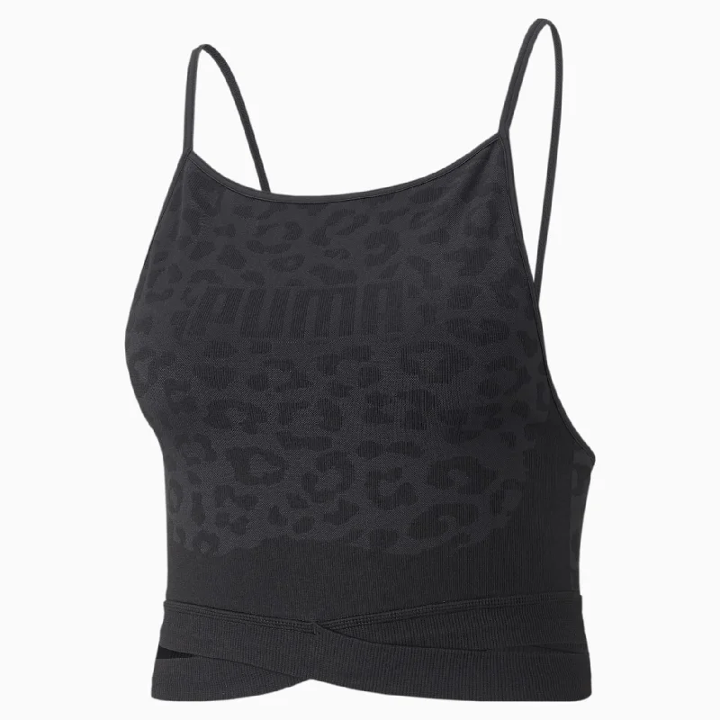 Puma Mid Impact FormKnit Seamless Fashion Sports Bra - Womens - Black/Leopard Print Push-Up Wireless Bra
