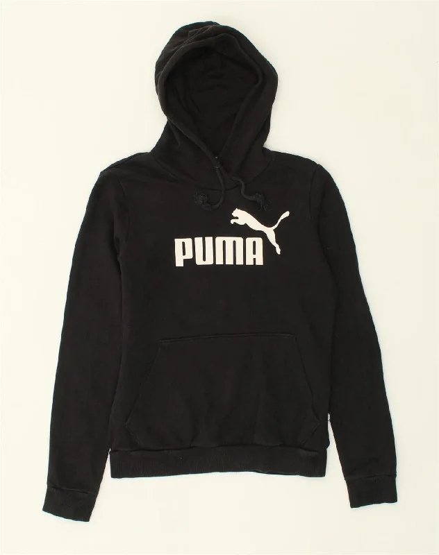 PUMA Womens Graphic Hoodie Jumper UK 10 Small Black Cotton Hoodie with Metallic Shiny Futuristic