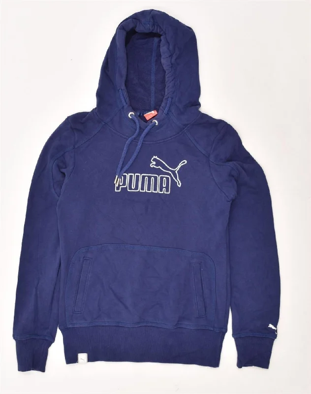 PUMA Womens Graphic Hoodie Jumper UK 10 Small Navy Blue Cotton Hoodie with Crew Neck Simple Timeless