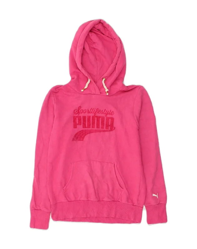 PUMA Womens Graphic Hoodie Jumper UK 12 Medium Pink Hoodie with Lace Feminine Delicate