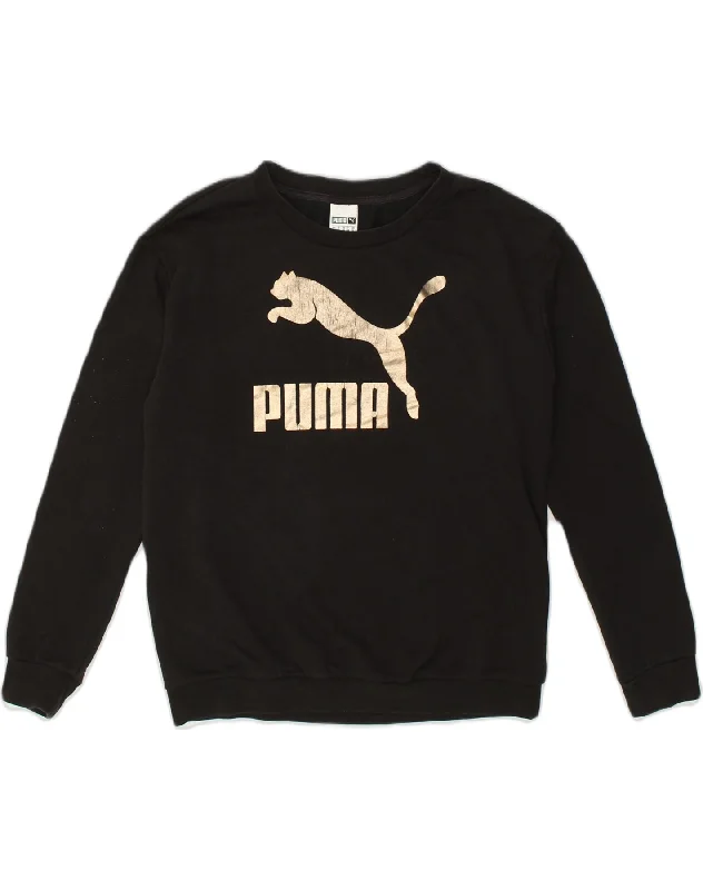 PUMA Womens Graphic Sweatshirt Jumper UK 16 Large Black Cotton Hoodie with Pattern Geometric Abstract
