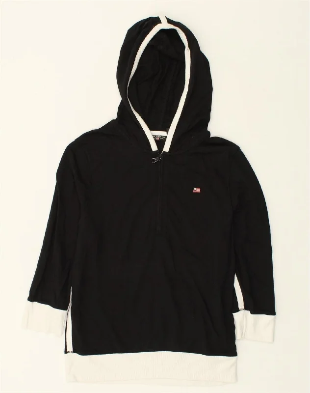 RALPH LAUREN Womens 3/4 Sleeve Hoodie Jumper UK 14 Large Black Modal Hoodie with Set-In Sleeves Structured Classic