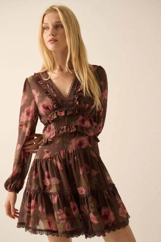 Rambling Rose Floral Ruffled Lace-Trim Mini Dress Cozy Long Sleeve Mini Dress