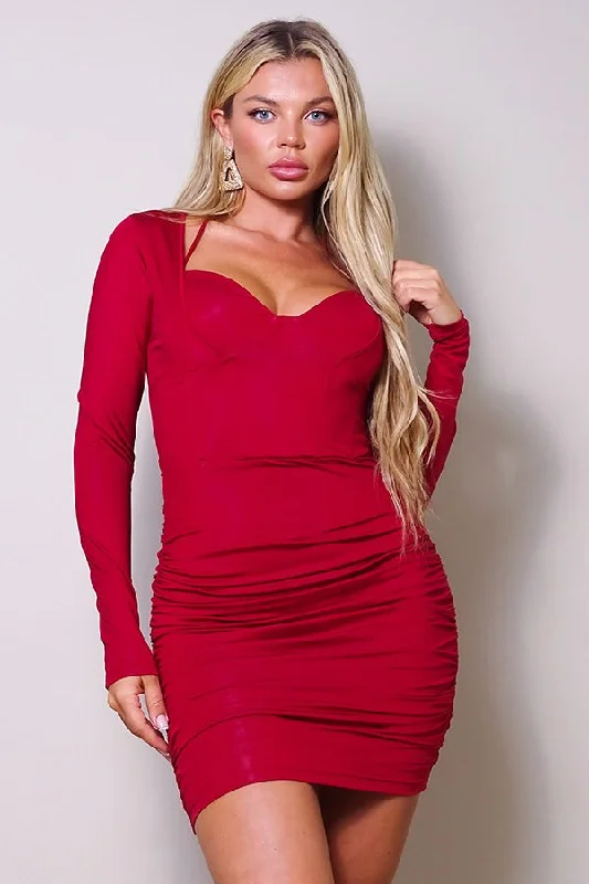 Red Long Sleeve Corset Bodycon Ruched Mini Dress Chic Tropical Mini Dress