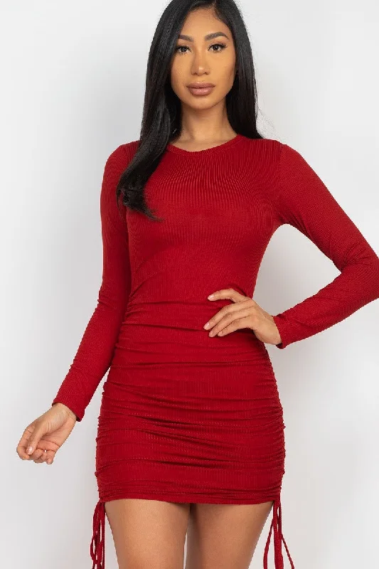 Wine Ruched Drawstring Rib Knit Long Sleeve Mini Dress Stylish Puff Sleeve Mini Dress