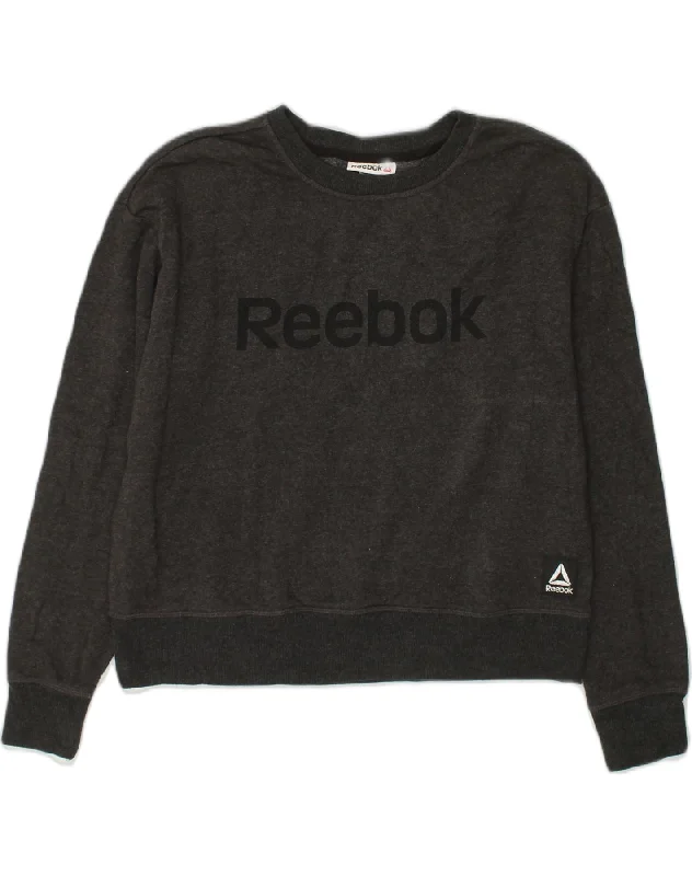 REEBOK Womens Graphic Sweatshirt Jumper UK 10 Small Grey Cotton Hoodie with Toggle Buttons Decorative Unique