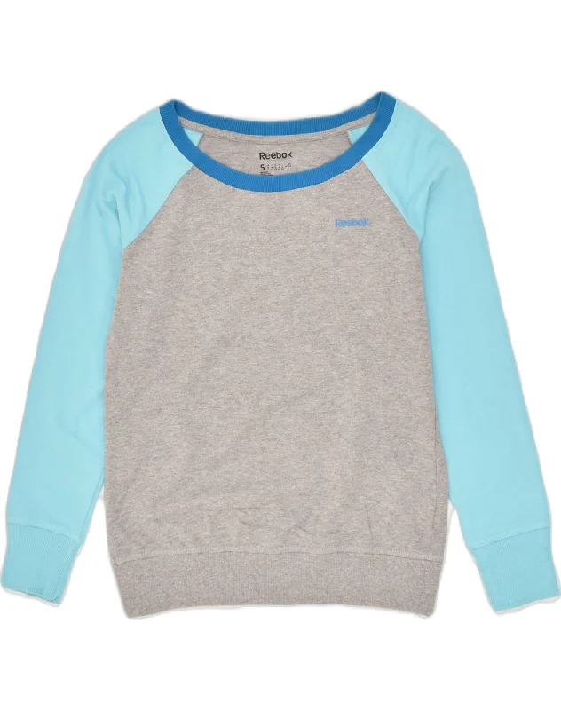 REEBOK Womens Sweatshirt Jumper UK 10 Small Grey Colourblock Cotton Hoodie with Hem Raw Edge Edgy Unfinished