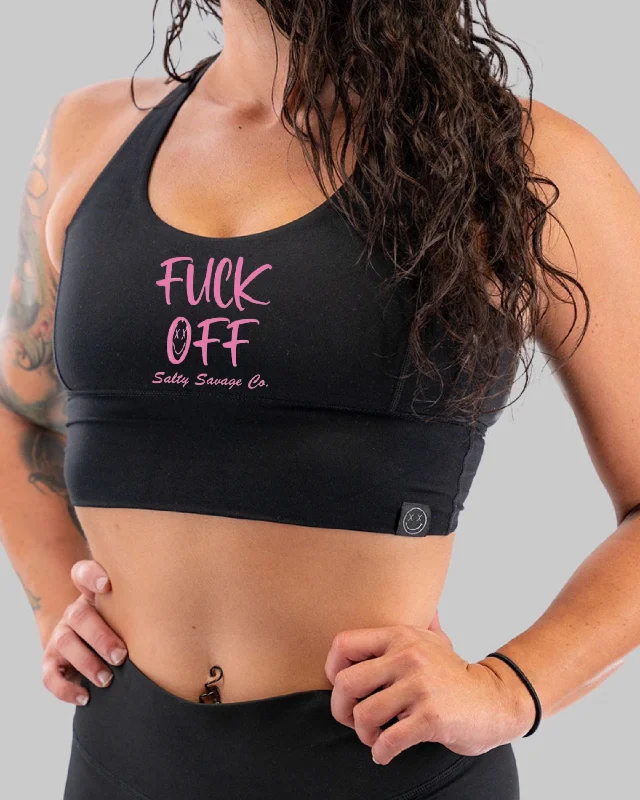 Salty Savage Ladies "Fuck Off" X Back Longlne Sports Bra | Cocoa Beach Performance | Pink Comfortable Fit Bralette
