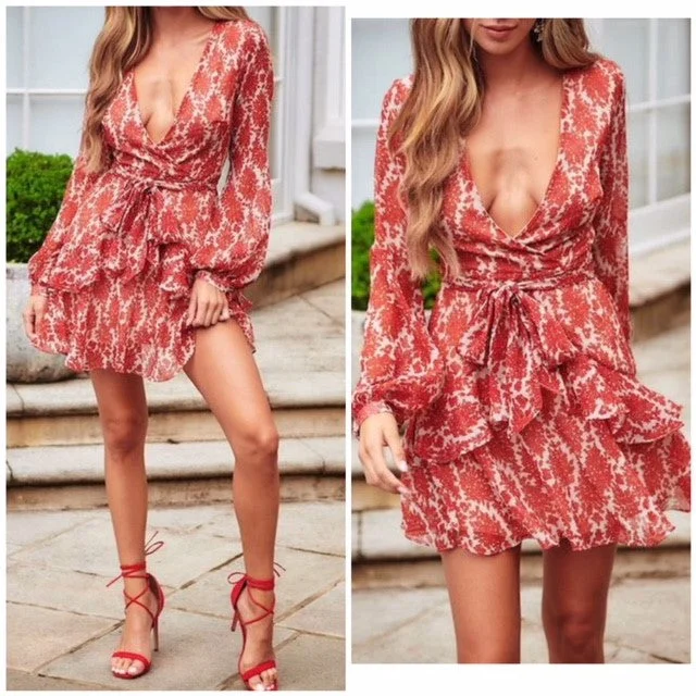 Sexy Floral Printed Ruffle Tiered Skirt Mini Dress Womens Cockail Party Fashionable Off-Shoulder Mini Dress