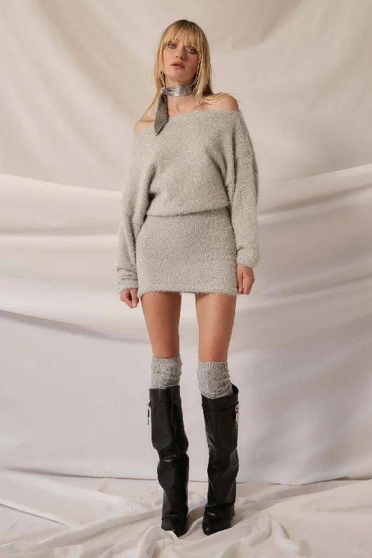 Snow Bunny Metallic Fuzzy Knit Boatneck Mini Dress Cozy Ribbed Mini Dress