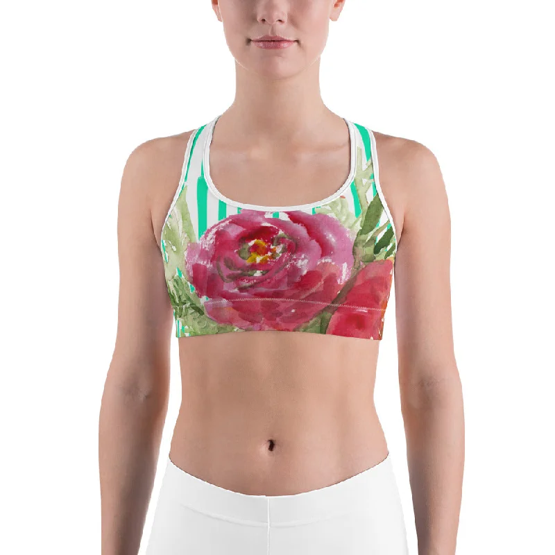 Red Floral Unpadded Sports Bra, Flower Print Colorful Vertical Stripe Women's Sports Bra - Made in USA Sporty Compression Bra