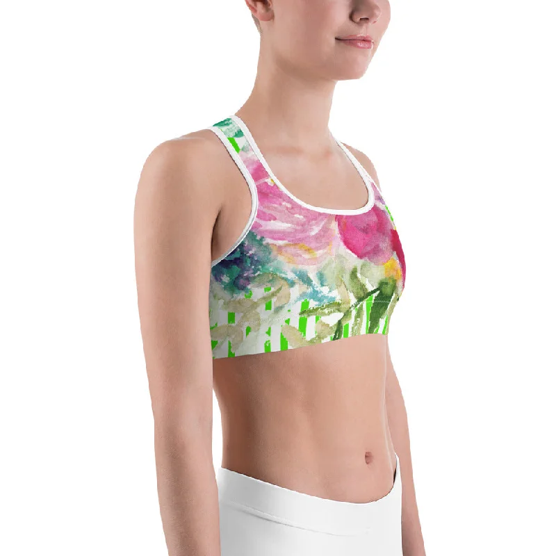 Pink Floral Sports Bra, Green Pink Colorful Floral Print Women's Gym Bra-Made in USA/EU Supportive Cotton Bra