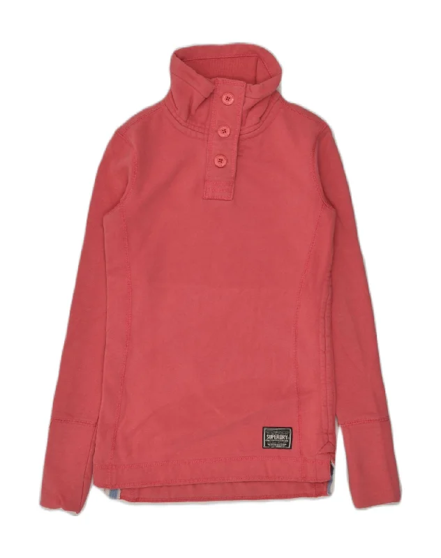 SUPERDRY Womens Button Neck Sweatshirt Jumper UK 2 2XS Pink Cotton Hoodie with Lining Warm Insulated