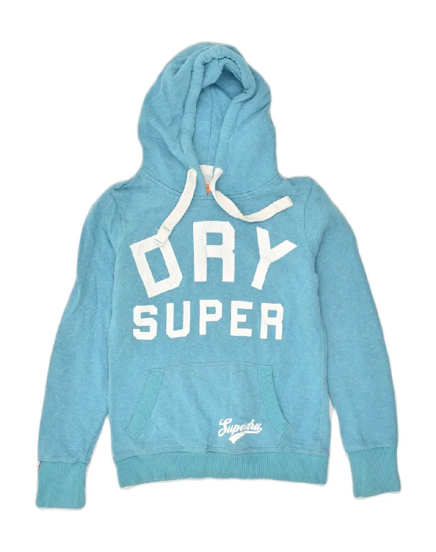SUPERDRY Womens Graphic Hoodie Jumper UK 10 Small Blue Cotton Hoodie with Hem Detail Decorative Unique