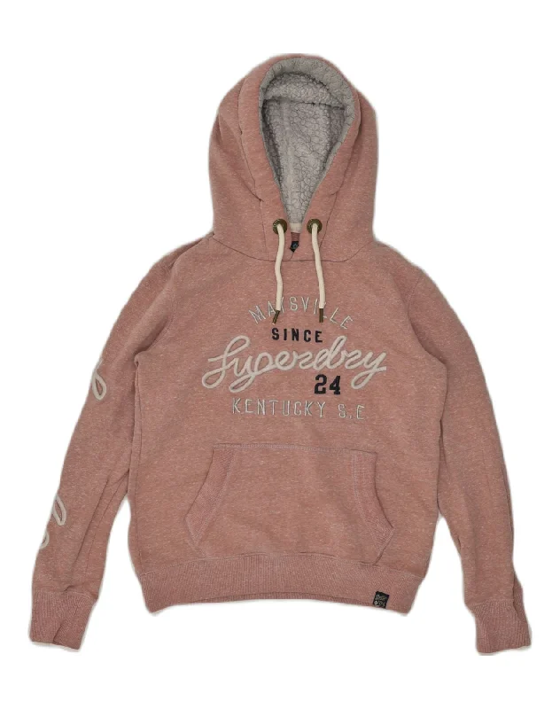 SUPERDRY Womens Graphic Hoodie Jumper UK 10 Small Brown Cotton Hoodie with Print Artistic Unique