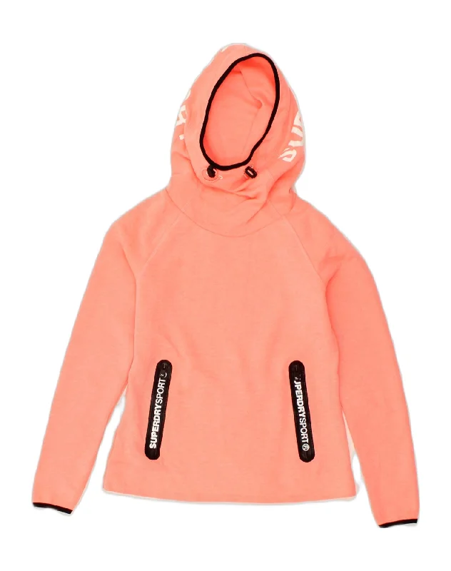 SUPERDRY Womens Graphic Hoodie Jumper UK 10 Small Orange Polyester Hoodie with Zipper Placket Modern Functional