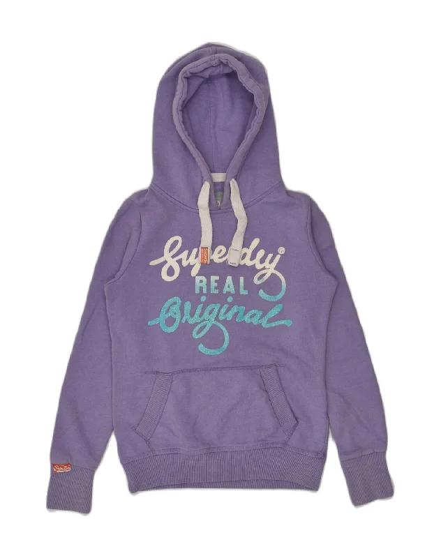 SUPERDRY Womens Graphic Hoodie Jumper UK 10 Small Purple Cotton Hoodie with Tie-Dye Psychedelic Retro