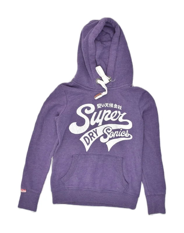 SUPERDRY Womens Graphic Hoodie Jumper UK 10 Small Purple Cotton Hoodie with Strings Custom Fit Adjustable