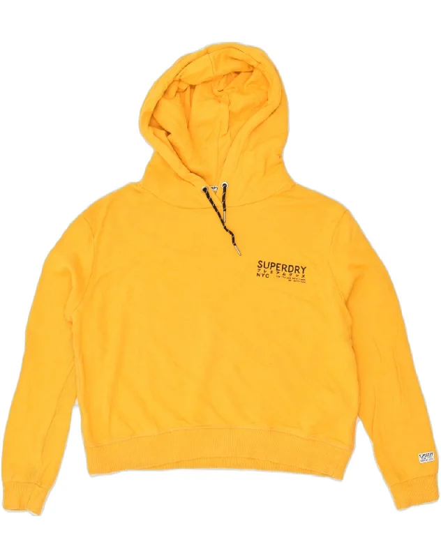 SUPERDRY Womens Graphic Hoodie Jumper UK 14 Large  Yellow Cotton Hoodie with Hem Fringe Bohemian Relaxed