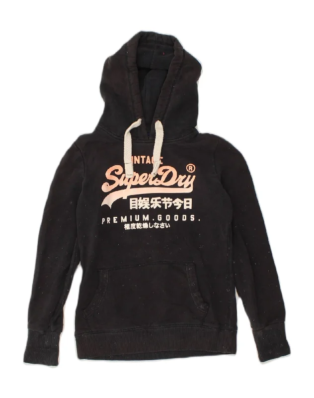 SUPERDRY Womens Graphic Hoodie Jumper UK 14 Medium Black Flecked Cotton Hoodie with Mock Neck Collared Structured