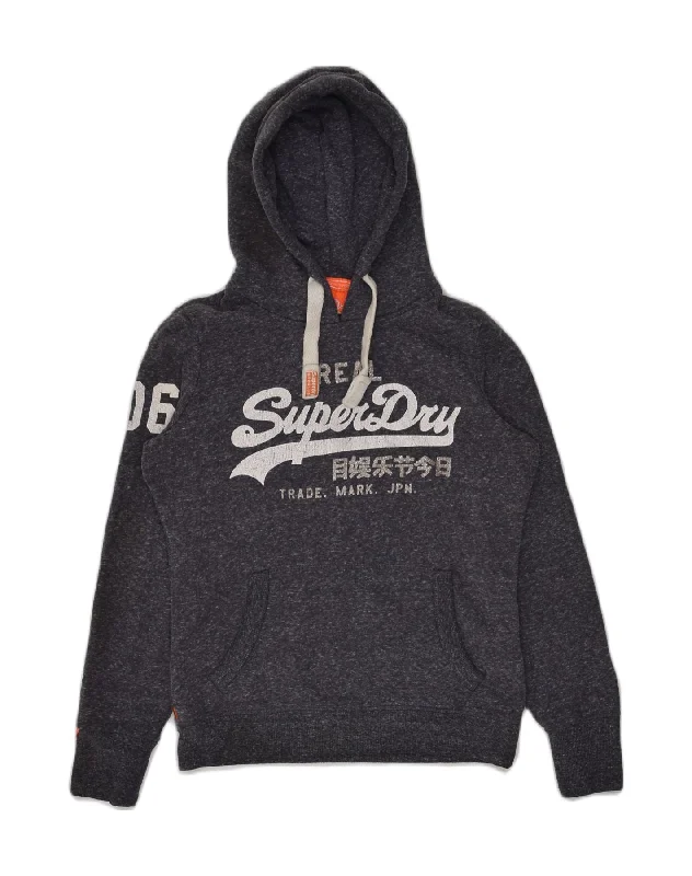 SUPERDRY Womens Graphic Hoodie Jumper UK 14 Medium Navy Blue Polyester Hoodie with Mesh Breathable Sporty