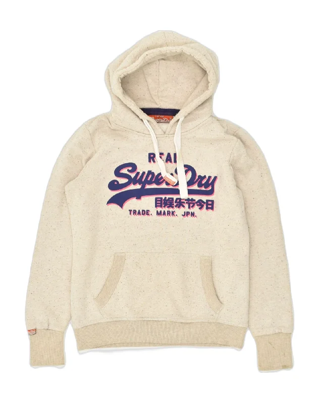 SUPERDRY Womens Graphic Hoodie Jumper UK 14 Medium Off White Flecked Hoodie Dress Longline Feminine