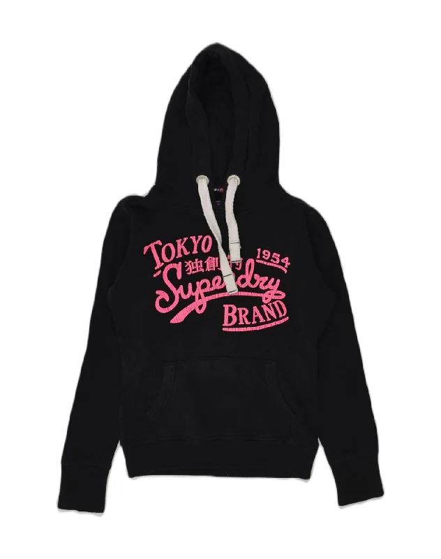 SUPERDRY Womens Graphic Hoodie Jumper UK 6 XS Black Cotton Hoodie with Puffed Sleeves Voluminous Trendy