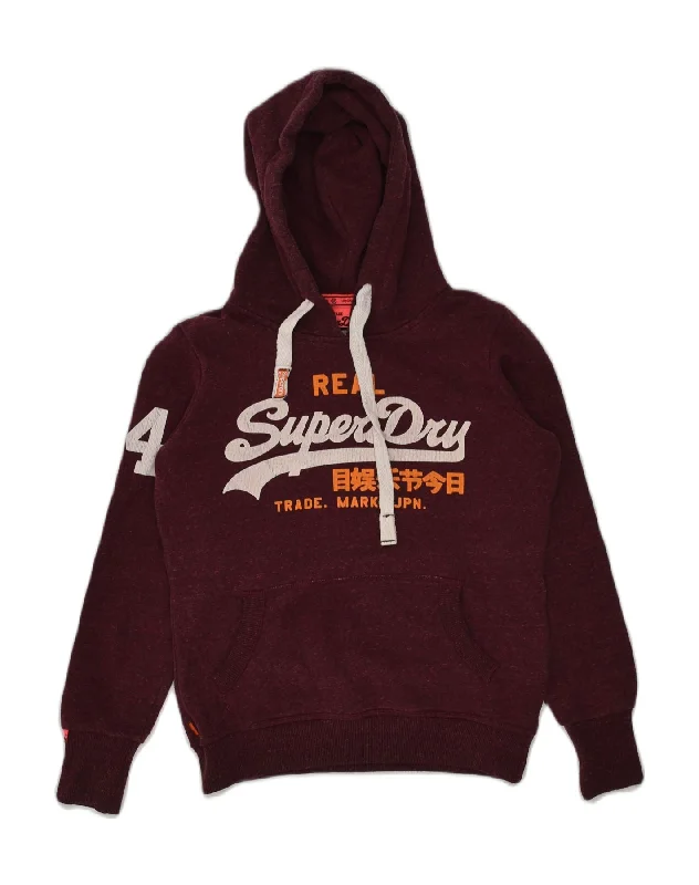 SUPERDRY Womens Graphic Hoodie Jumper UK 6 XS Burgundy Polyester Hoodie with Slim Fit Tailored Modern