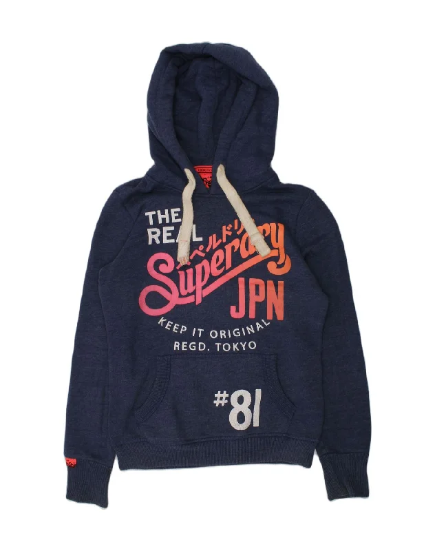 SUPERDRY Womens Graphic Hoodie Jumper UK 6 XS Navy Blue Cotton Hoodie with Belted Waist Structured Tailored