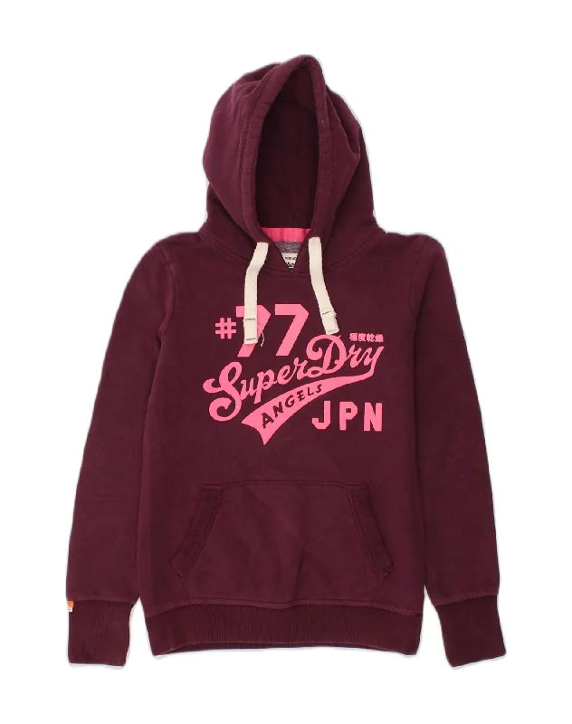 SUPERDRY Womens Graphic Hoodie Jumper UK 8 Small Maroon Cotton Hoodie with Typography Text Message