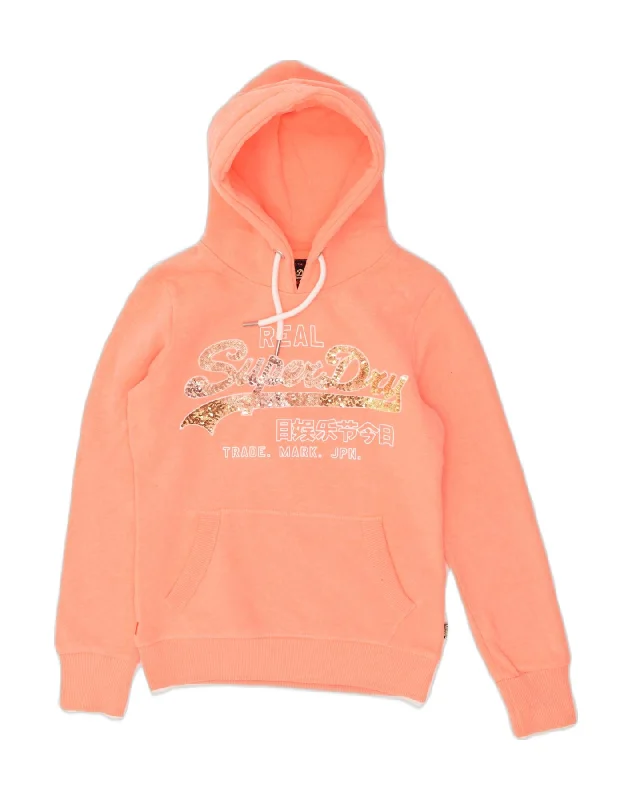 SUPERDRY Womens Graphic Hoodie Jumper UK 8 Small Orange Cotton Hoodie with Contrast Stitching Detailed Premium