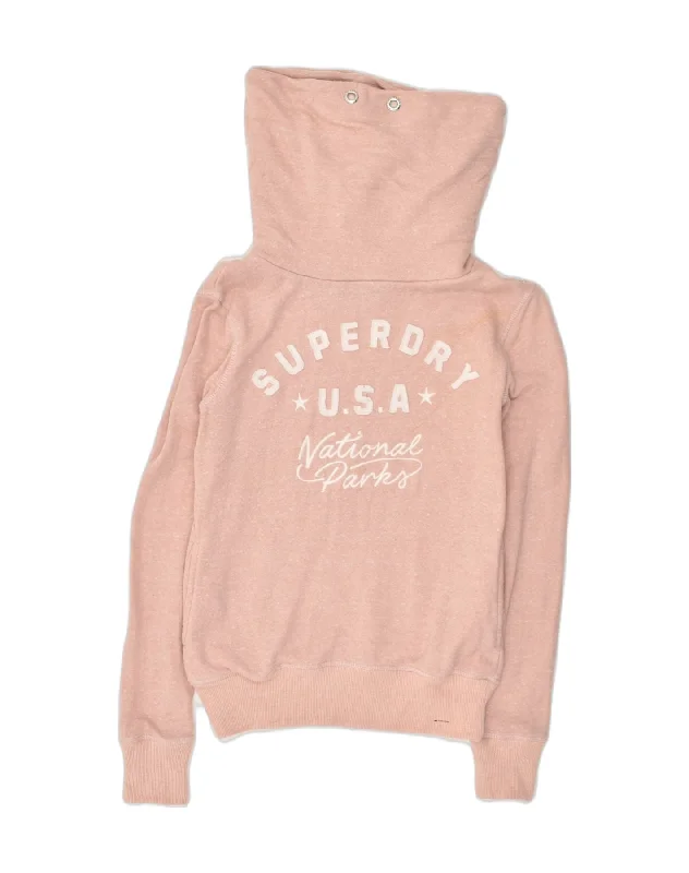 SUPERDRY Womens Graphic Roll Neck Sweatshirt Jumper UK 14 Medium Beige Hoodie with Raglan Sleeves Sporty Comfortable