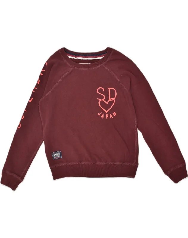 SUPERDRY Womens Graphic Sweatshirt Jumper UK 12 Medium Burgundy Cotton Hoodie with Emblem Brand Identity