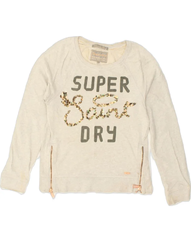 SUPERDRY Womens Graphic Sweatshirt Jumper UK 12 Medium Grey Cotton Hoodie with Color Block Contrast Stylish