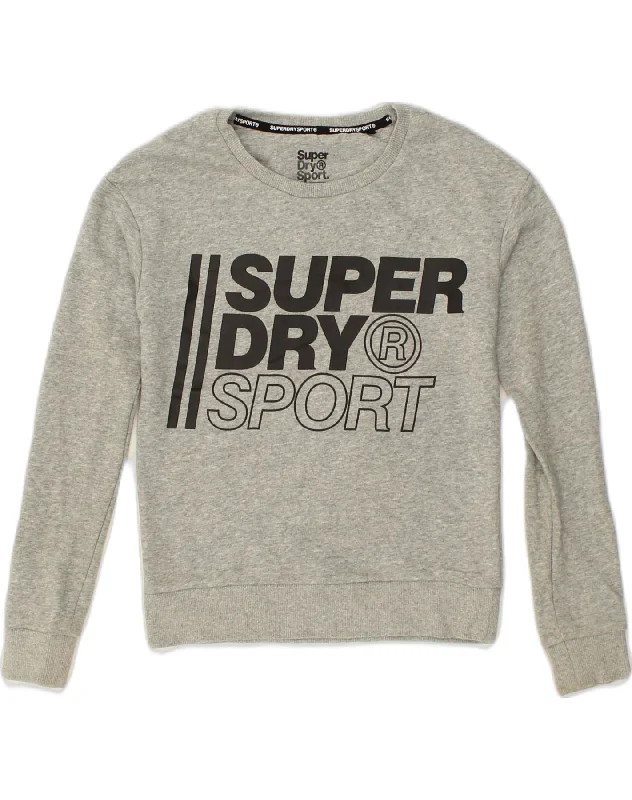 SUPERDRY Womens Graphic Sweatshirt Jumper UK 6 XS Grey Cotton Hoodie with V-Neck Classic Versatile