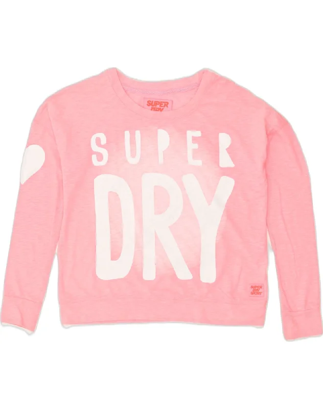 SUPERDRY Womens Graphic Sweatshirt Jumper UK 6 XS Pink Polyester Hoodie with Hem Elastic Stretchable Comfortable
