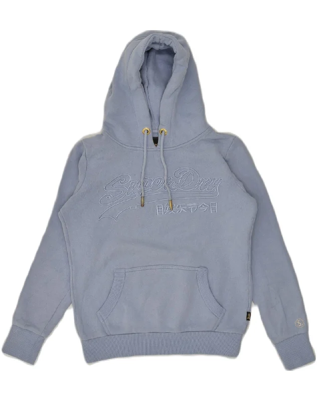 SUPERDRY Womens Hoodie Jumper UK 8 Small Blue Cotton Hoodie with Pocket Utility Practical