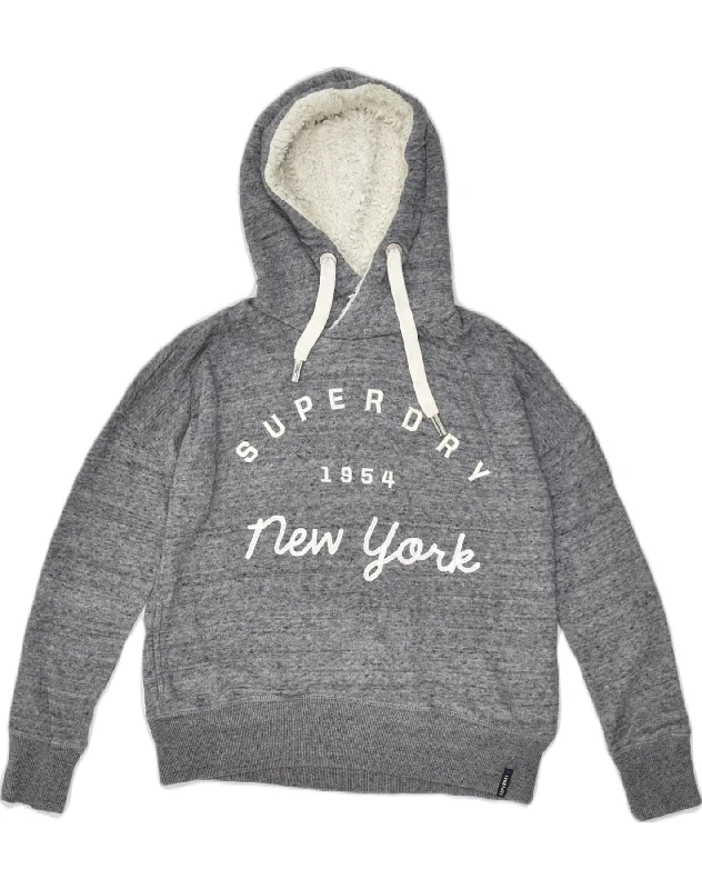 SUPERDRY Womens Oversized Graphic Hoodie Jumper UK 2 2XS Grey Cotton Hoodie with Hem Elastic Stretchable Comfortable
