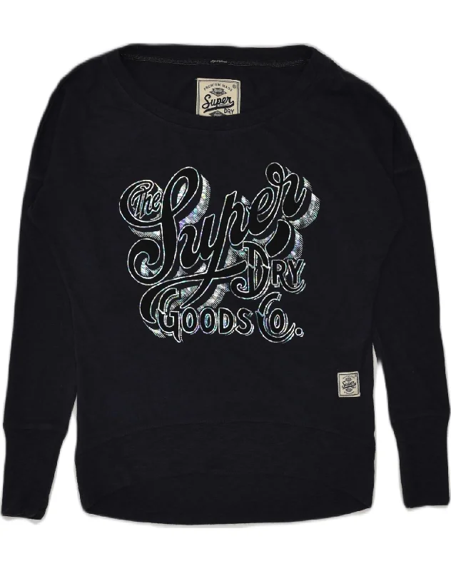SUPERDRY Womens Oversized Graphic Sweatshirt Jumper UK 6 XS Navy Blue Hoodie with Cropped Fit Short Trendy