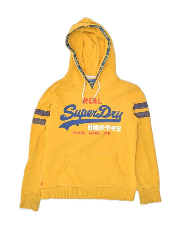 SUPERDRY Womens Real Graphic Hoodie Jumper UK 10 Small Yellow Cotton Hoodie with Hem Embroidery Detailed Premium