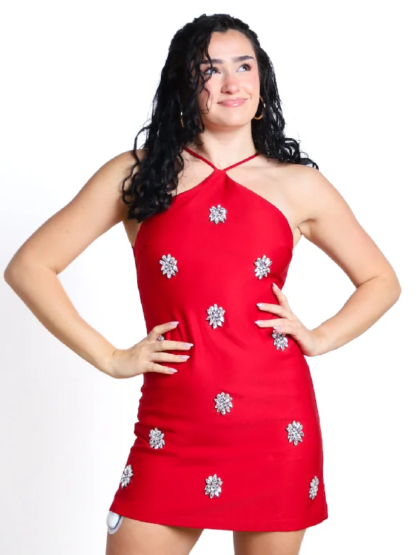 Sweetest Joy Embellished Halter Mini Dress Fashionable Pleated Mini Dress