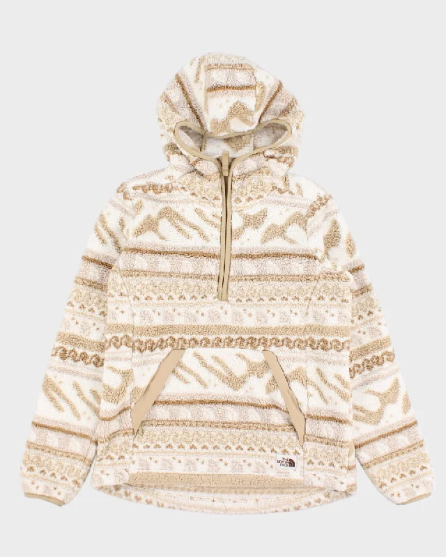 The North Face Beige & White Printed Hooded Fleece - XS Hoodie with Turtle Neck Cozy Winter