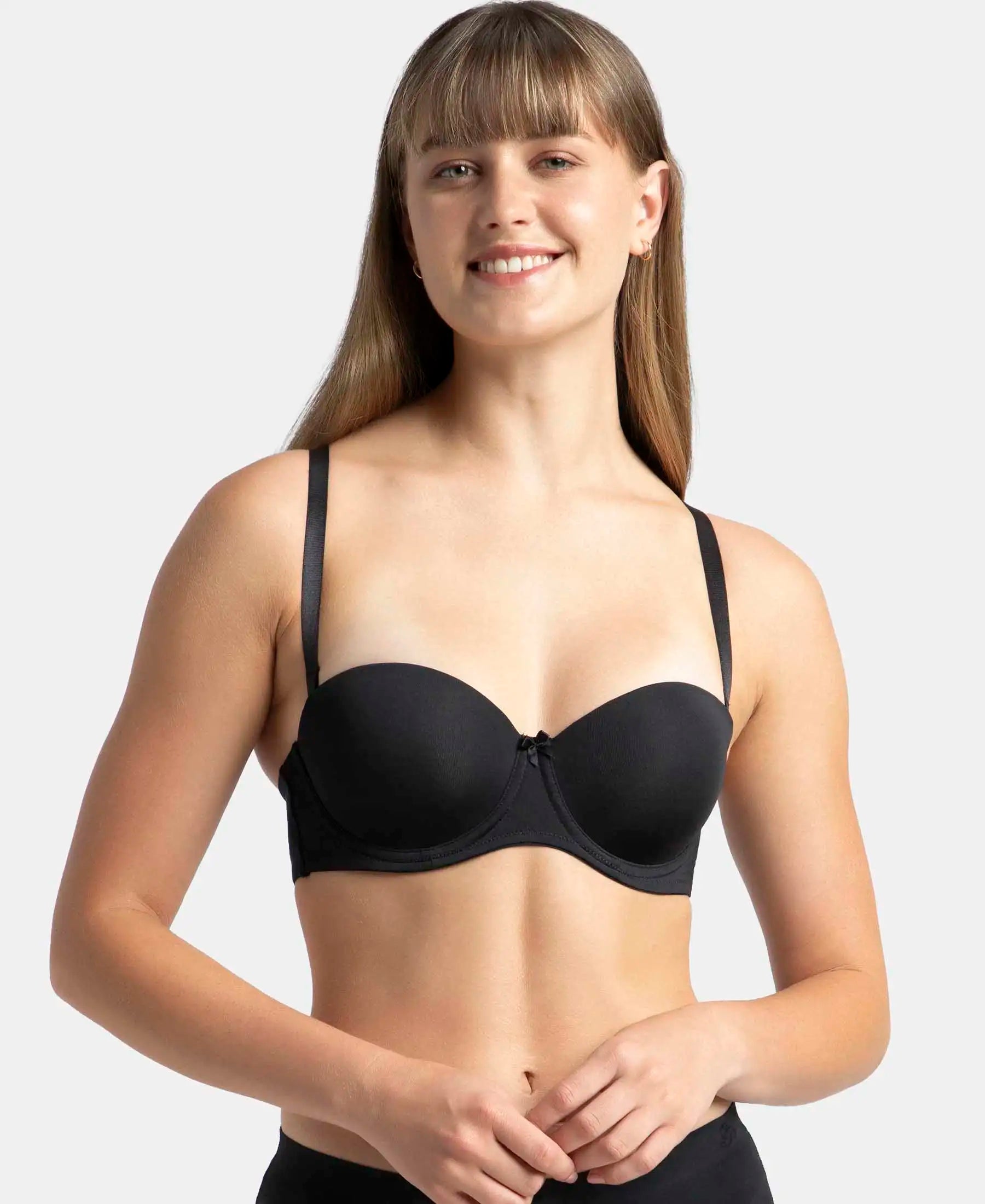 Under-Wired Padded Soft Touch Microfiber Elastane Stretch Full Coverage Strapless Bra with Ultra-Grip Support Band - Black Comfortable Lounge Bra