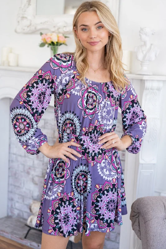 White Birch Printed Long Sleeve Mini Dress with Short Liner Trendy Denim Mini Dress