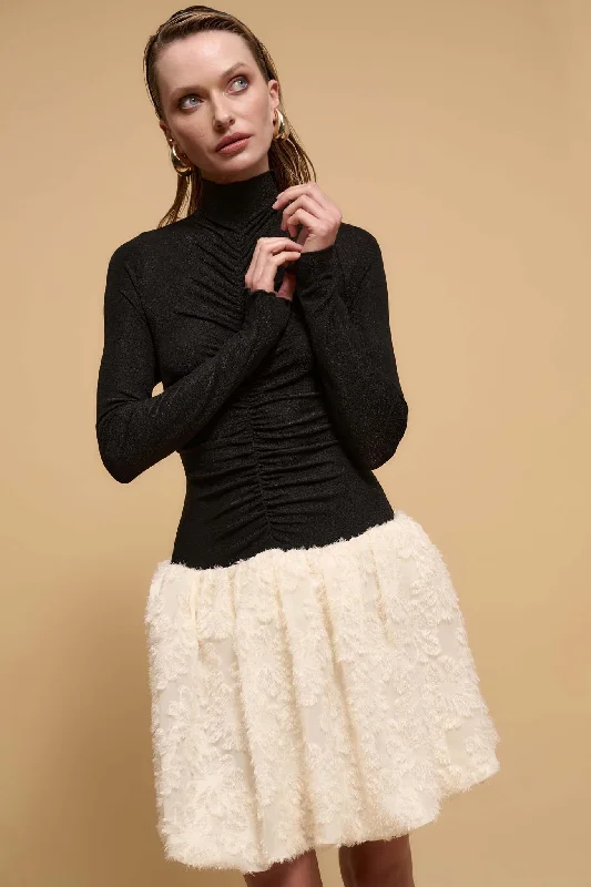 Winter Skies Ruched Mock-Neck Bubble Mini Dress Comfortable Off-Shoulder Mini Dress
