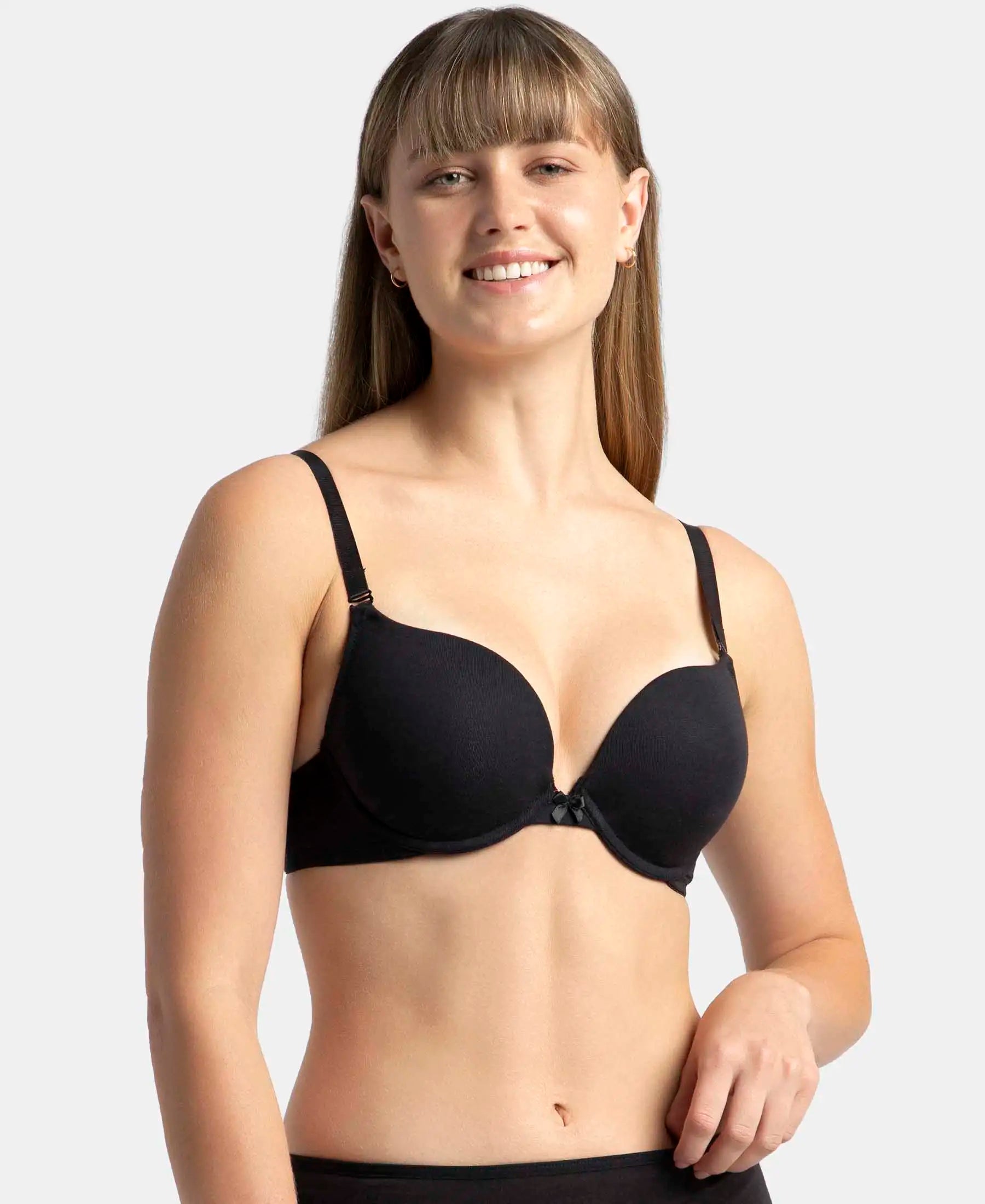 Wired Padded Super Combed Cotton Elastane Stretch Medium Coverage Pushup Bra with Plunge Neck - Black Elegant Silk Bra