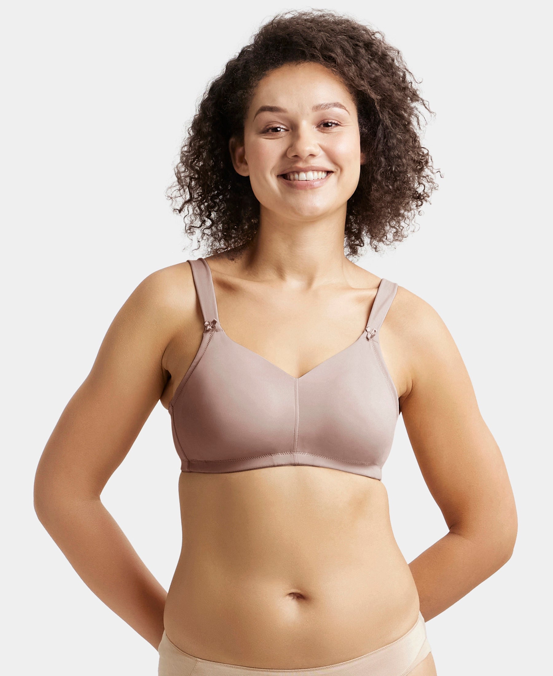 Wirefree Non Padded Soft Touch Microfiber Elastane Stretch Full Coverage Minimizer Bra with Broad Cushioned Fabric Strap - Mocha Light Padded Bra